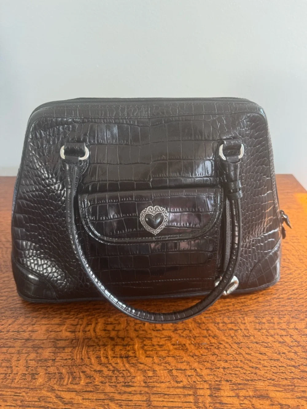 Brighton Black Croc-Embossed Satchel with Heart Accent and Silver Hardware